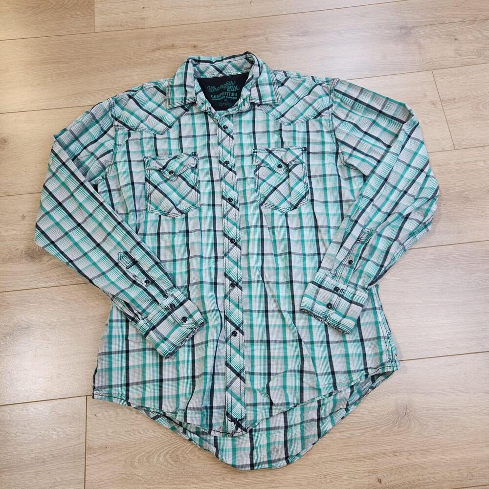 Wrangler 20X Competion Shirt Mens Medium Green Plaid Pearl Snap Western Cowboy